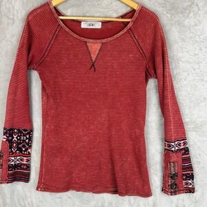 Able Womens S Red Waffle Knit Thermal Top Tribal Print Button Cuff Made in USA
